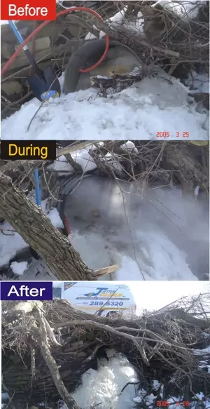 Before, During and After clearing of a frozen culvert. Before shows a mass of hard ice, During shows steam and water. After shows clear, flowing pipe.
